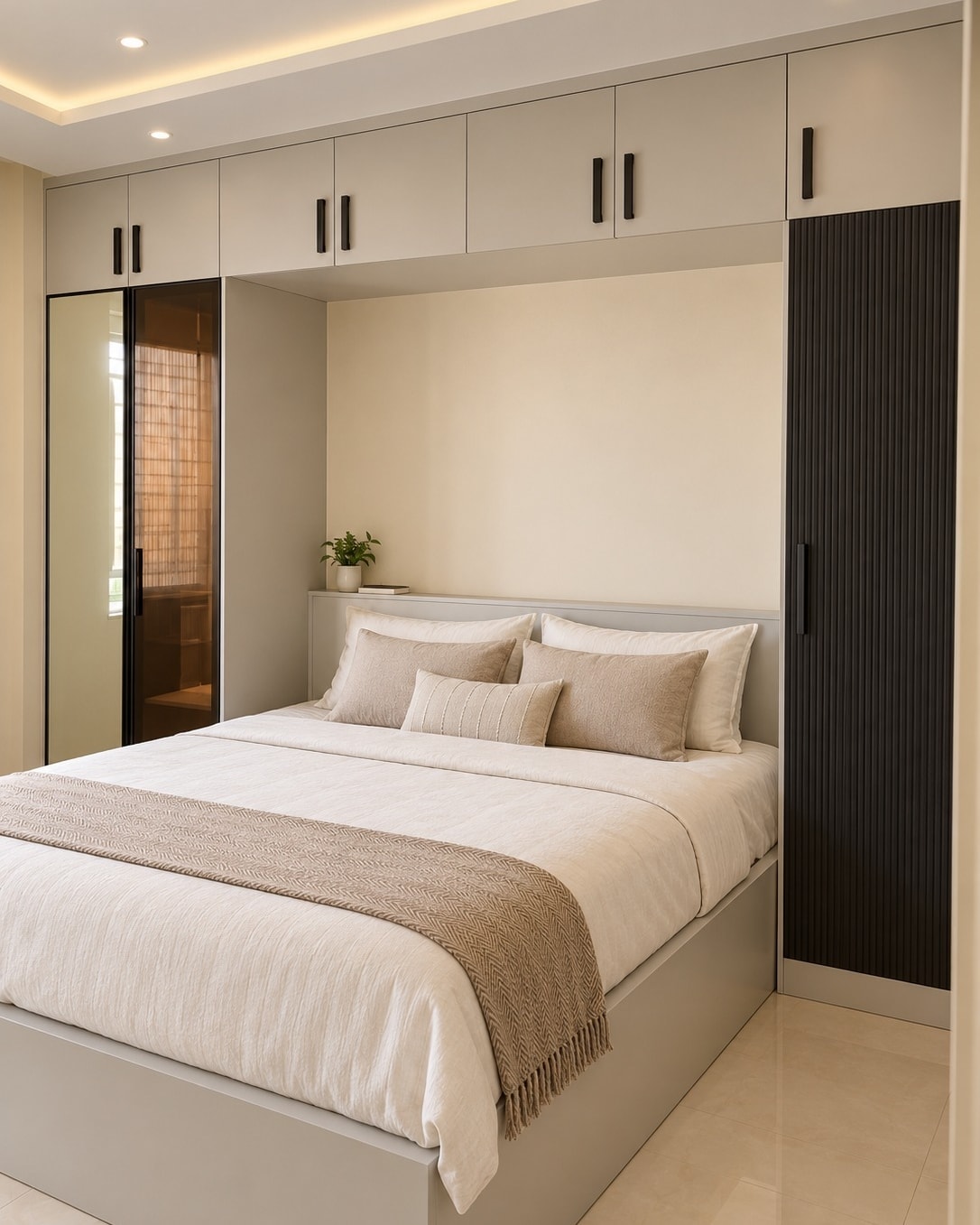 Bedroom with a wardrobe system wrapping the bed: greige shutters with black bar handles, bridge cabinets over the headboard, a bronze-glass shutter on the left and a charcoal fluted shutter on the right.