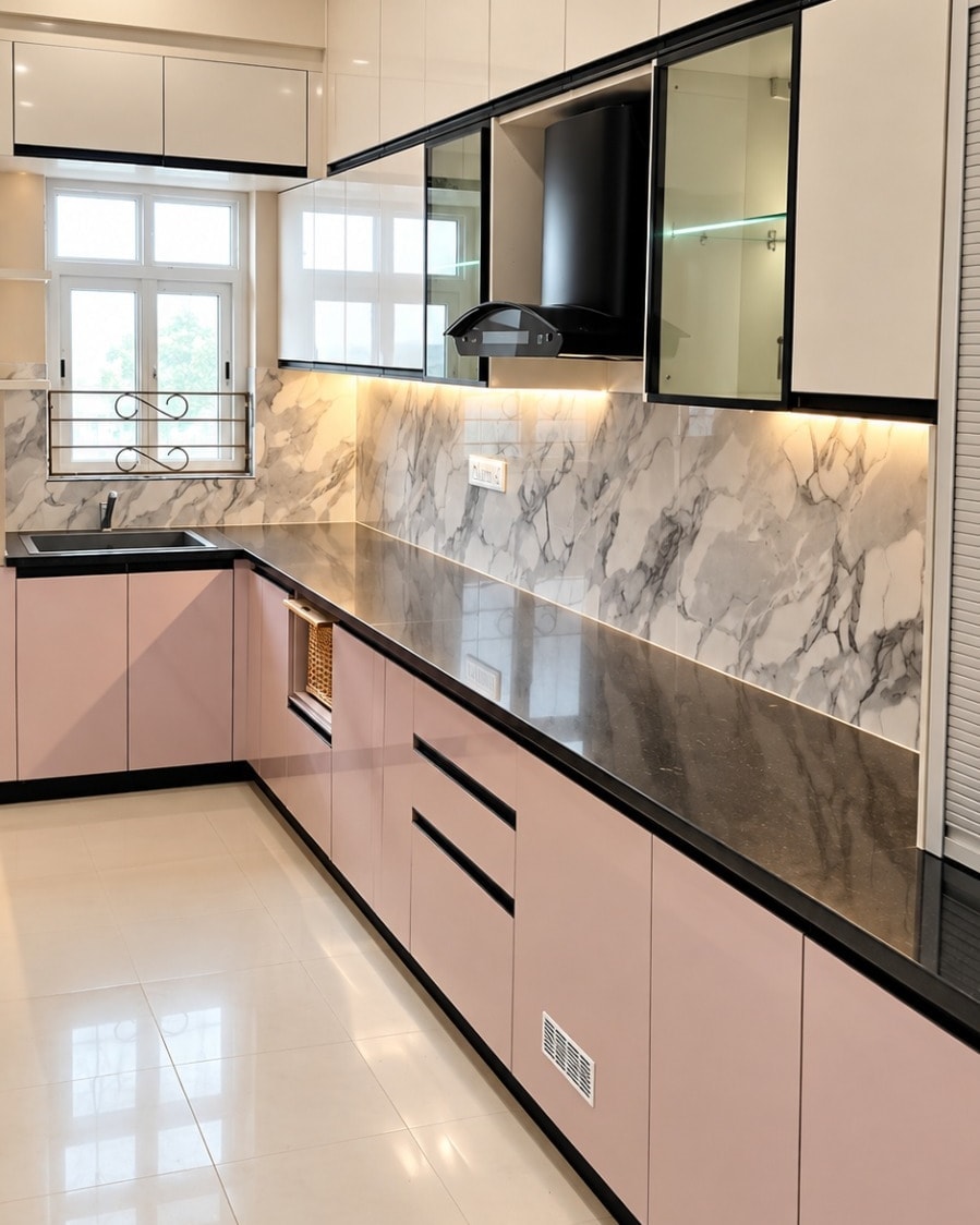 L-shaped modular kitchen with blush-pink base units, white gloss wall units, black-framed glass shutters, a white marble-look backsplash and a black counter.