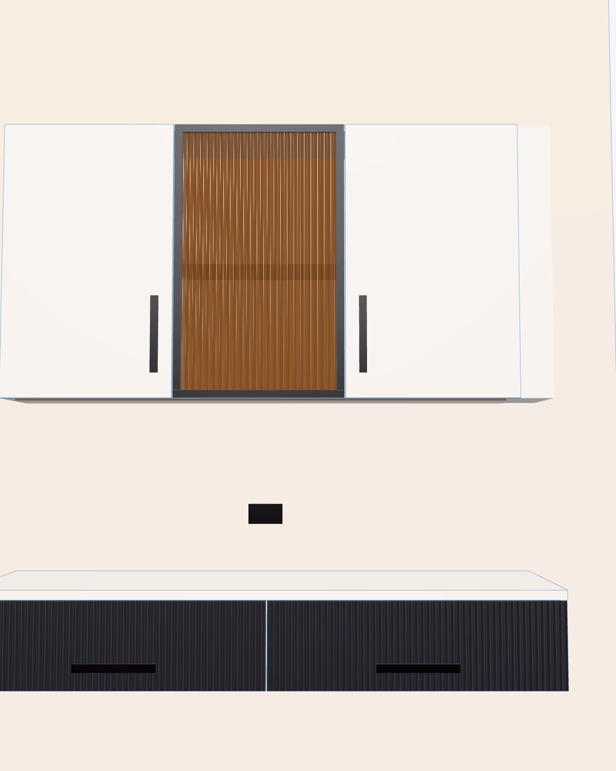 3D study of the study unit, framed like the site photograph: overhead cabinet with a reeded glass door over a floating desk.