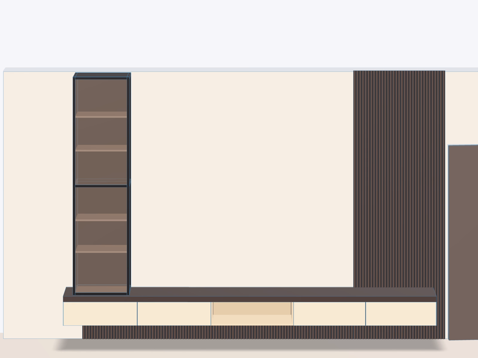 3D study of the TV wall, framed like the site photograph: floating console, glass display unit and fluted panel.