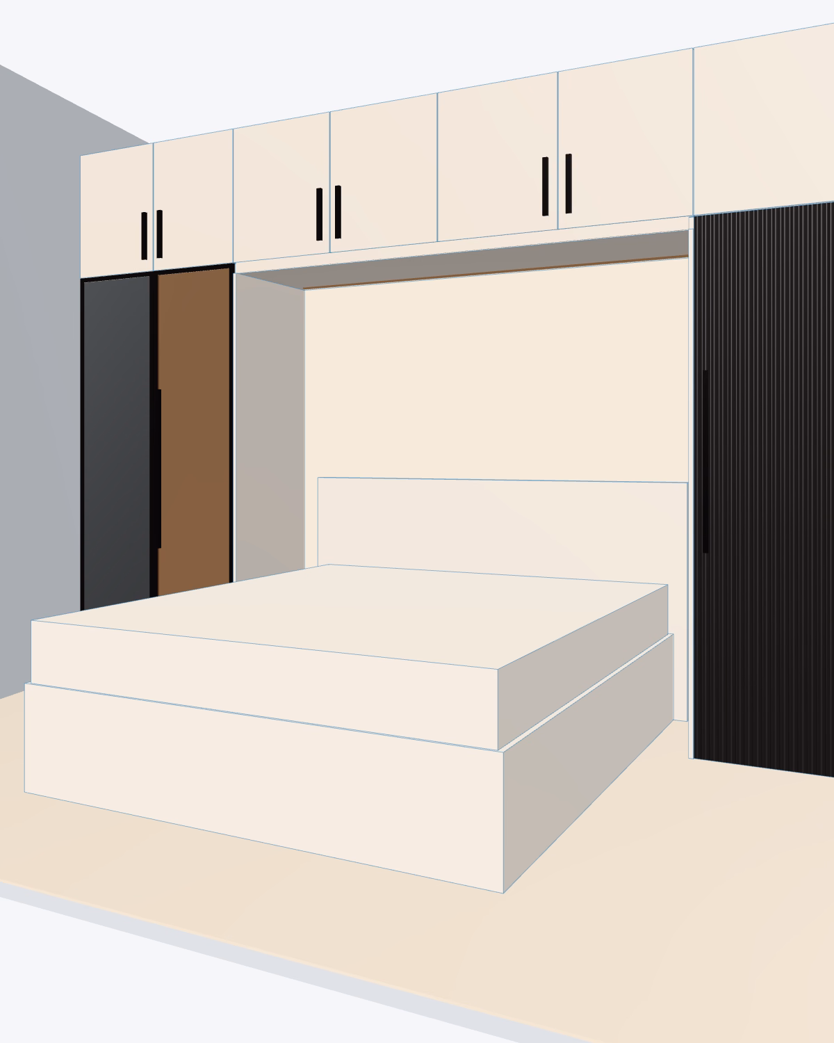 3D study of the bed-wrap wardrobe, framed like the visualisation: glass doors, bridge lofts and the fluted shutter, the bed as a plain block.
